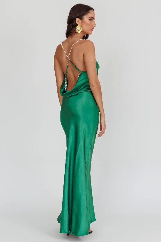 ladies-maxi-dress-office-elegance-Danijela Cowl Neck Pearl Satin Maxi Dress Emerald