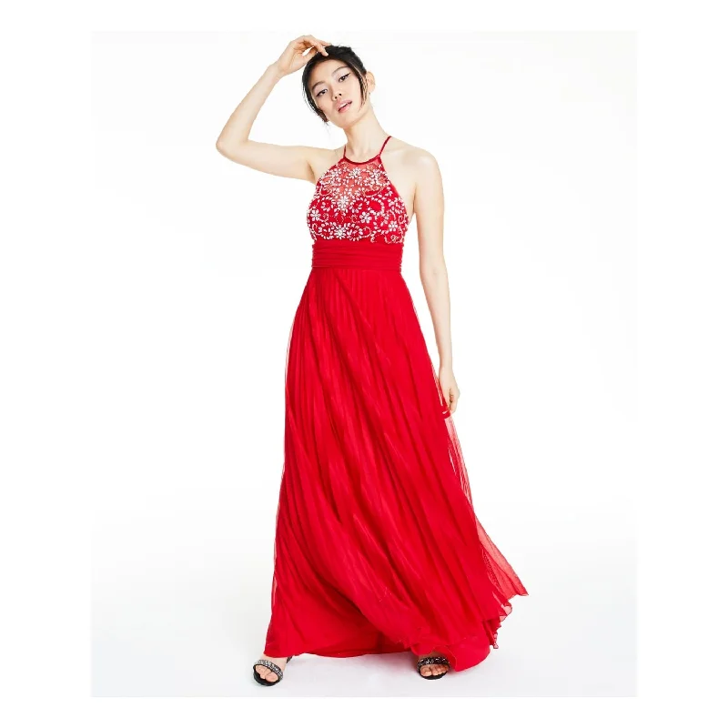 Women's flare dress warm weather -B Darlin Women's Embellished Sleeveless Halter Full Length Prom Fit Flare Dress Red Size 3/4