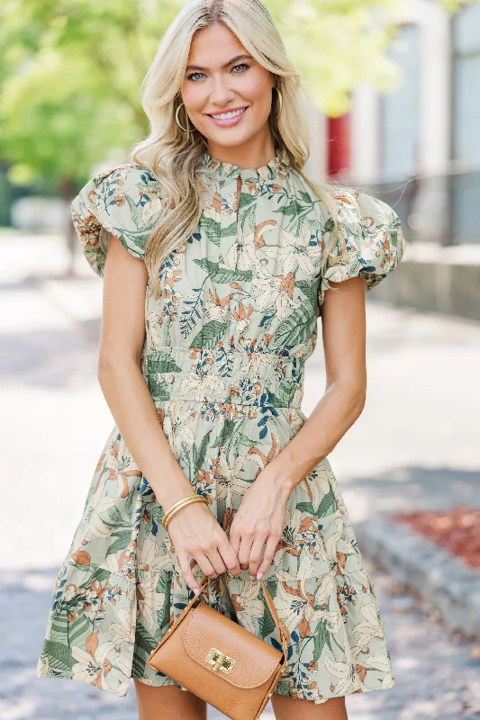 Women's floral dress metallic -Let's Get Going Sage Green Floral Dress