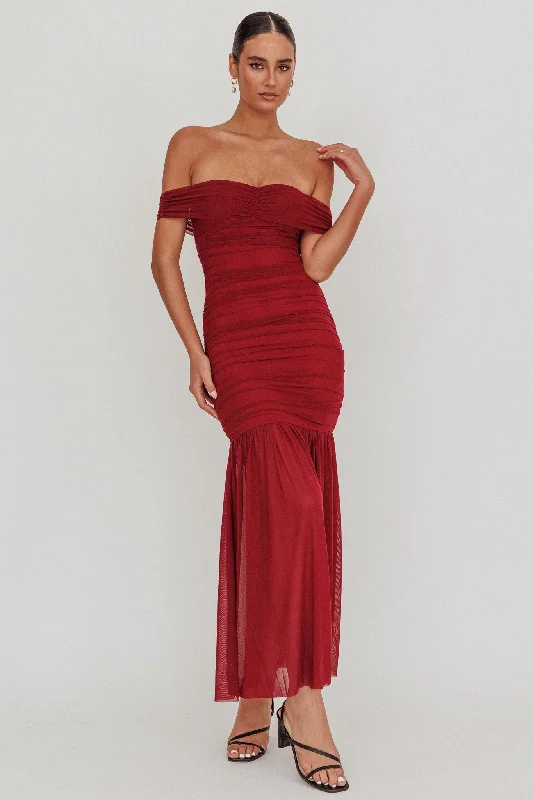 ladies-maxi-dress-modern-maxi-La Salle Off Shoulder Mesh Maxi Dress Wine