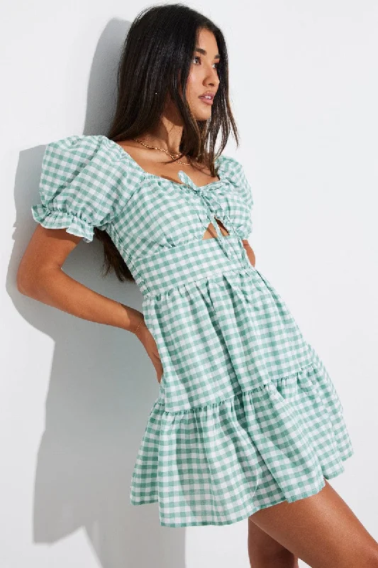 Women's flare dress ruffle -Green Check Fit and Flare Dress Short Sleeve Tiered Cut Out