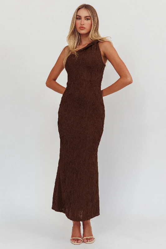 ladies-maxi-dress-tassel-trail-Lingering Love One-Shoulder Twist Maxi Dress Chocolate