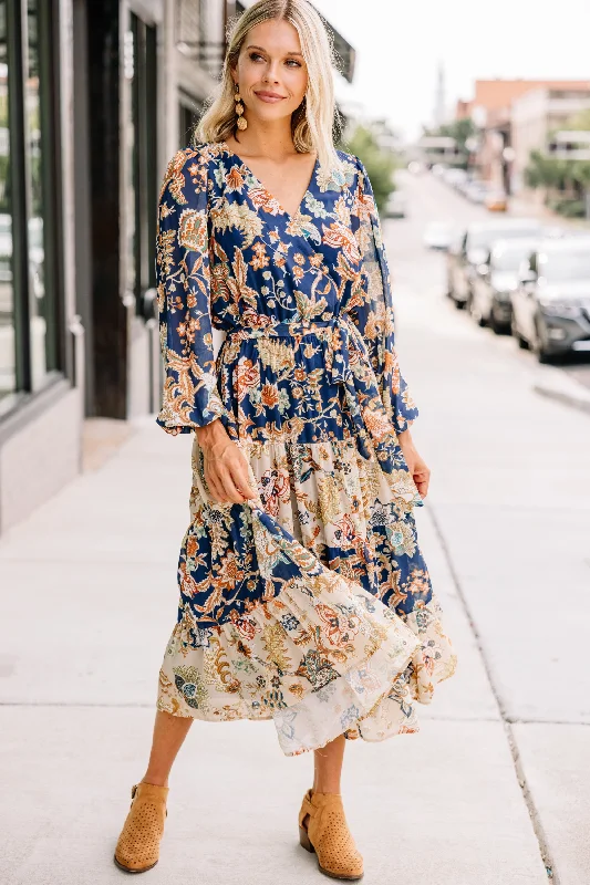 Women's floral dress transitional -It Could Be Navy Blue Floral Midi Dress