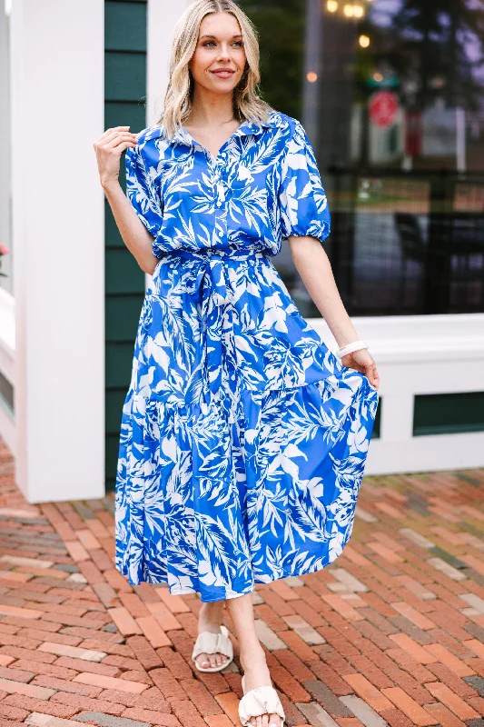 Women's floral dress a-line -Living For You Royal Blue Floral Midi Dress