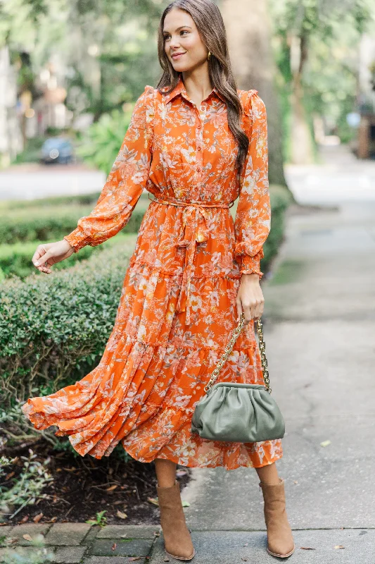 Women's floral dress button down -Found The One Rust Orange Floral Midi Dress