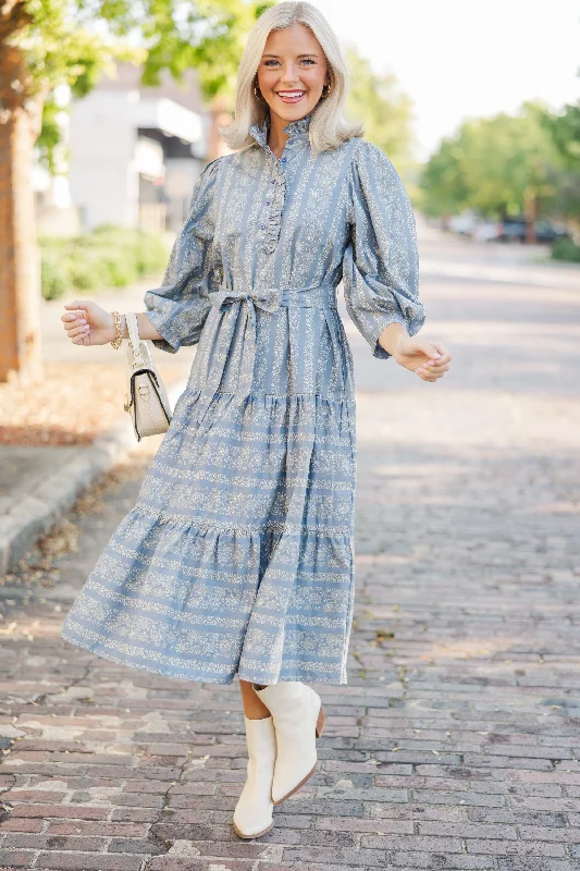 Women's floral dress picnic -Hold On To Your Dreams Blue Floral Midi Dress