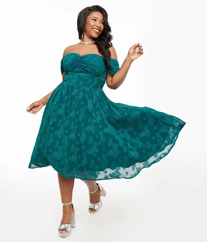 Women's flare dress cut out -Unique Vintage Plus Size 1950s Teal Jacquard Off Shoulder Flare Dress