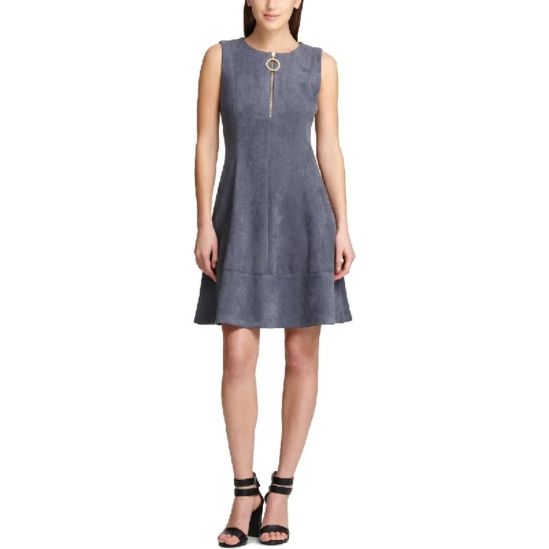 Women's flare dress embroidered -DKNY Women's Faux Suede Fit Flare Dress Grey Size 10