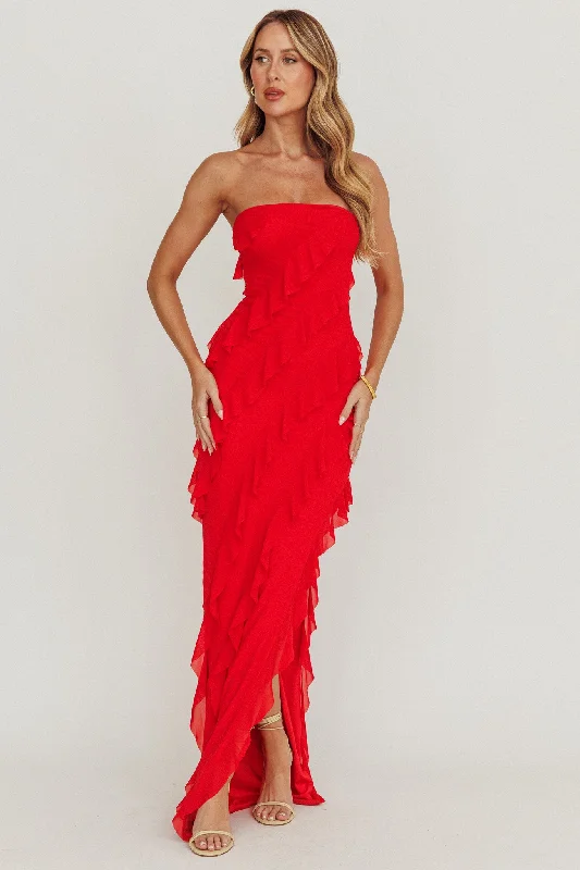 ladies-maxi-dress-velvet-depth-Just Friends Strapless Ruffle Maxi Dress Red