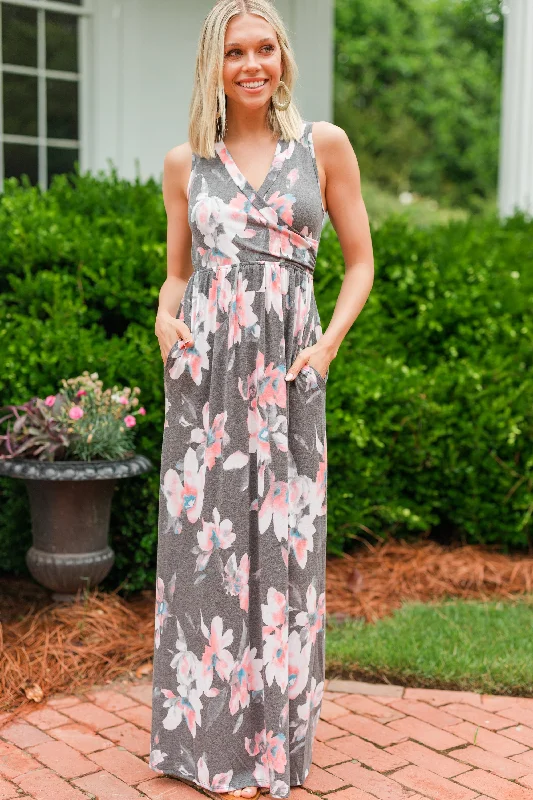 Women's floral dress online -What A Lovely Life Charcoal Gray Floral Sleeveless Maxi Dress