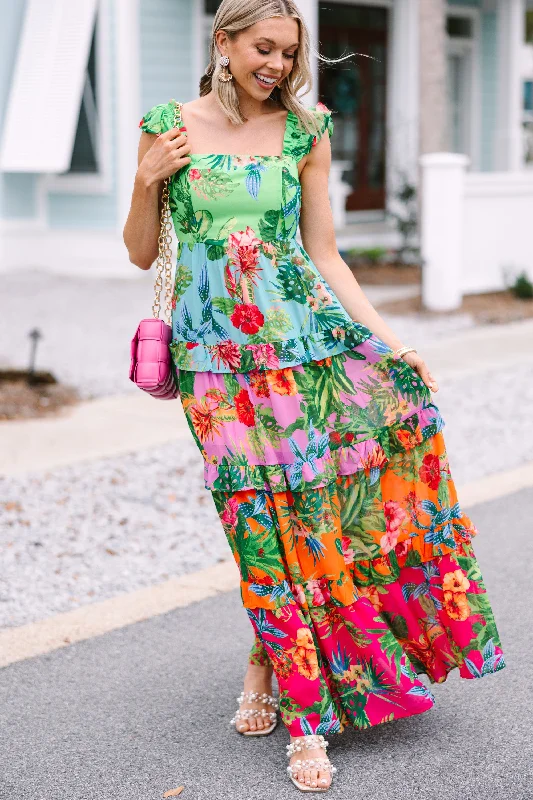 Women's floral dress elegant -Beauty In Bora Bora Green Tropical Floral Maxi Dress