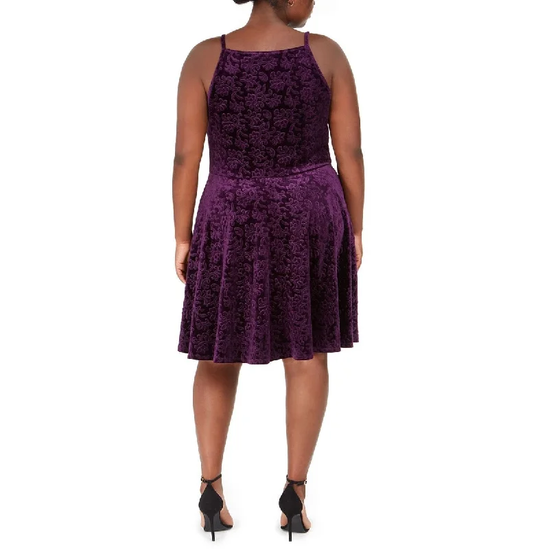 Women's flare dress strapless -Jump Women's Embroidered Spaghetti Strap Square Neck Above The Knee Fit Flare Dress Purple Size 3X