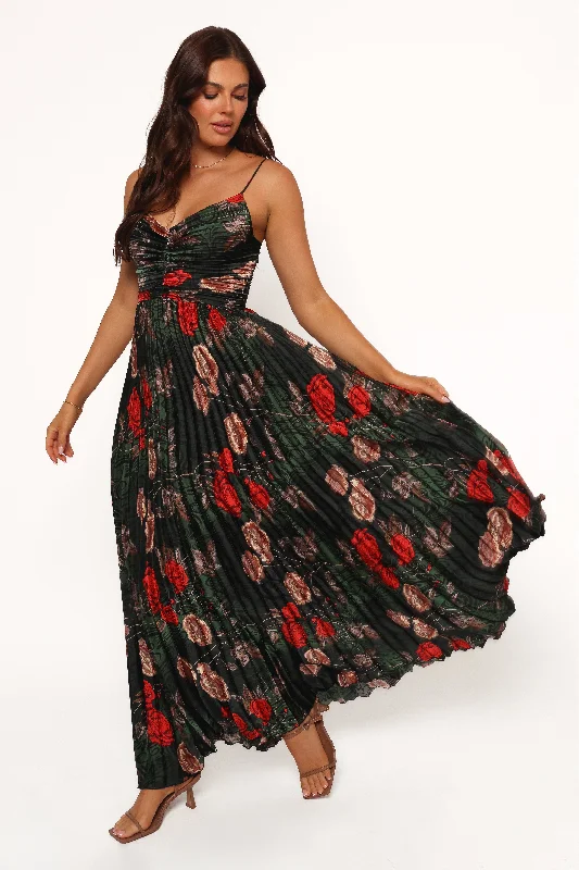 ladies-maxi-dress-social-flow-Naira Pleated Maxi Dress - Green Floral