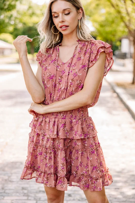 Women's floral dress puff sleeve -Wherever You Are Marsala Pink Ditsy Floral Dress