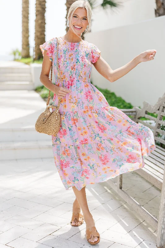 Women's floral dress timeless -Keep You Close Peach Pink Floral Midi Dress