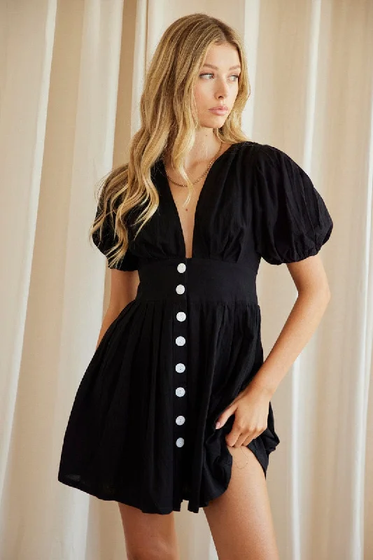 Women's flare dress military -Black Fit And Flare Dress Short Sleeve V Neck