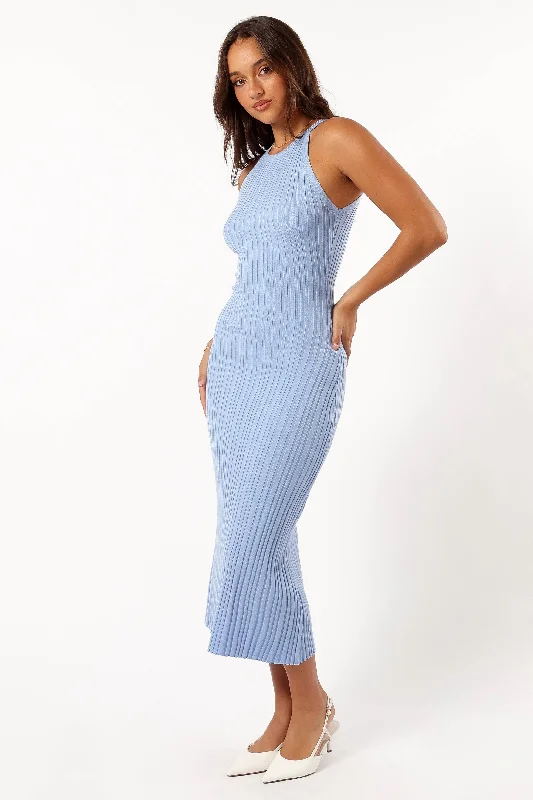 ladies-maxi-dress-flared-train-Brighton Maxi Dress - Dusty Blue