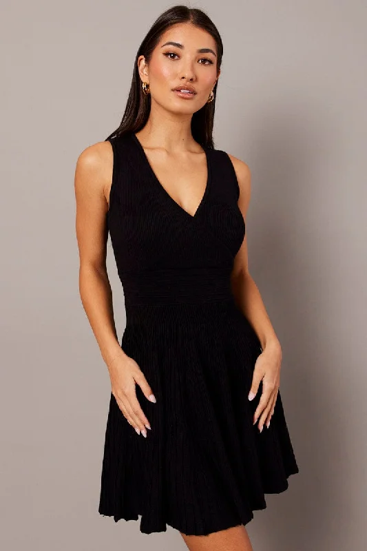 Women's flare dress prom -Black Knit Dress Sleeveless Fit and Flare