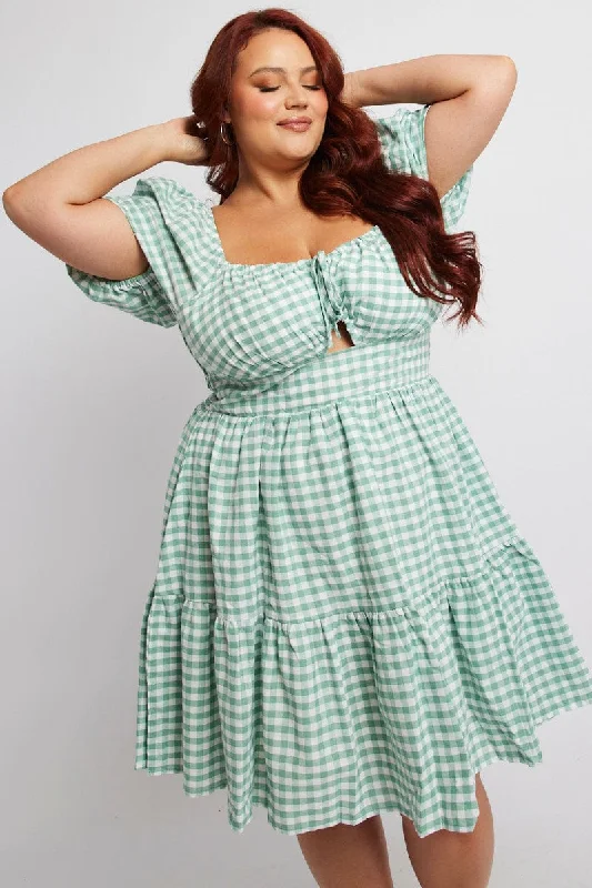 Women's flare dress checkered -Green Check Fit And Flare Dress Short Sleeve Tiered