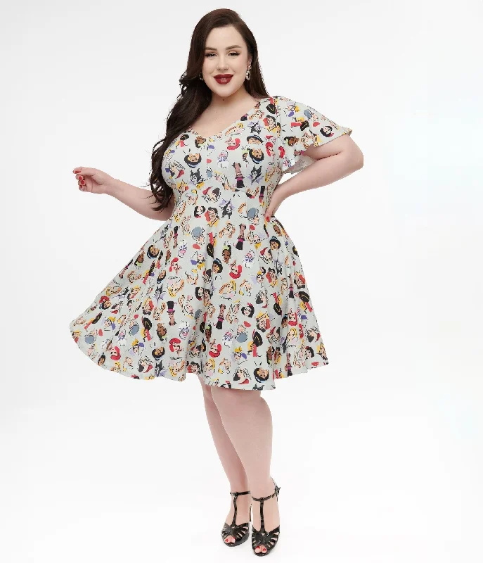 Women's flare dress bold color -Disney Princess Collection by Unique Vintage Plus Size Grey Princess & Villain All Over Print Fit & Flare Dress