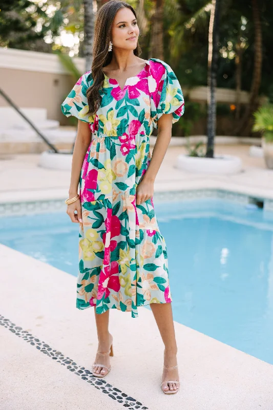 Women's floral dress dinner -Odds Are In Your Favor Mint Green Floral Midi Dress