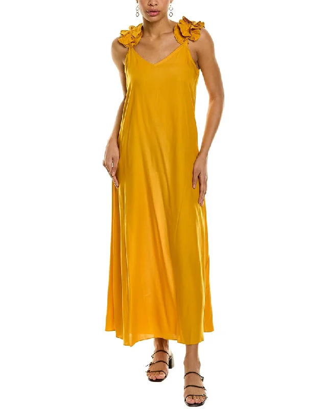 ladies-maxi-dress-shift-relaxed-Vince Camuto Ruffle Shoulder Maxi Dress