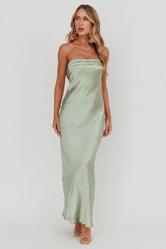 ladies-maxi-dress-high-neck-chic-Kona Strapless Pleated Bust Satin Maxi Dress Sage