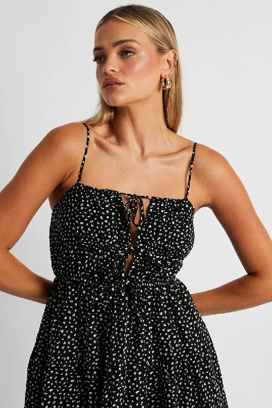 Women's flare dress houndstooth -Black Ditsy Fit And Flare Dress Strappy