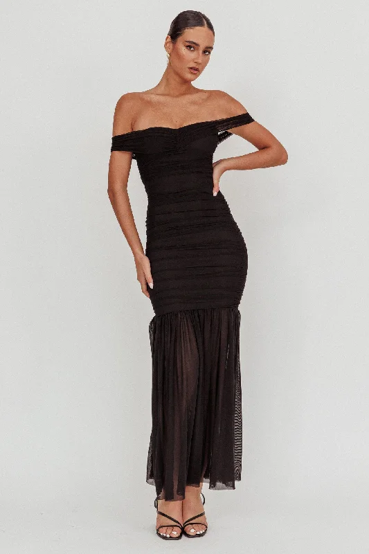 ladies-maxi-dress-pearl-drift-La Salle Off Shoulder Mesh Maxi Dress Black