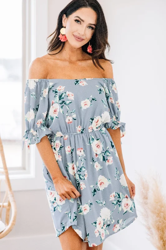 Women's floral dress tiered -What You Mean Dusty Blue Floral Dress