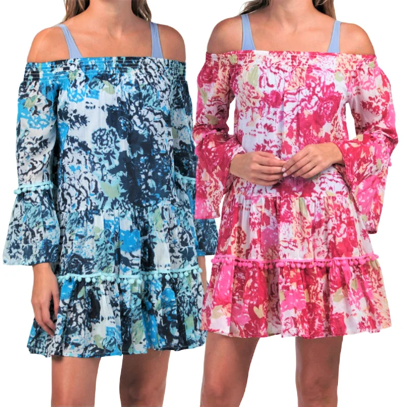 ladies-mini-dress-playful-pop-Debbie Katz Women's Talulah Off The Shoulder Ruffle Trim Mini Dress Swim Cover-up