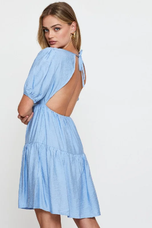 Women's flare dress punk -Blue Fit And Flare Dress Short Sleeve Open Back