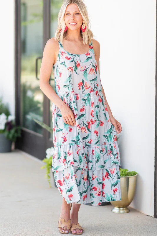 Women's floral dress one shoulder -Thinking Of You Gray Ditsy Floral Midi Dress