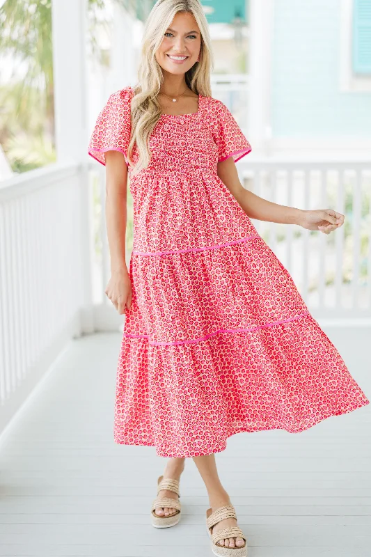 Women's floral dress puff sleeve -On The Move Pink Ditsy Floral Midi Dress