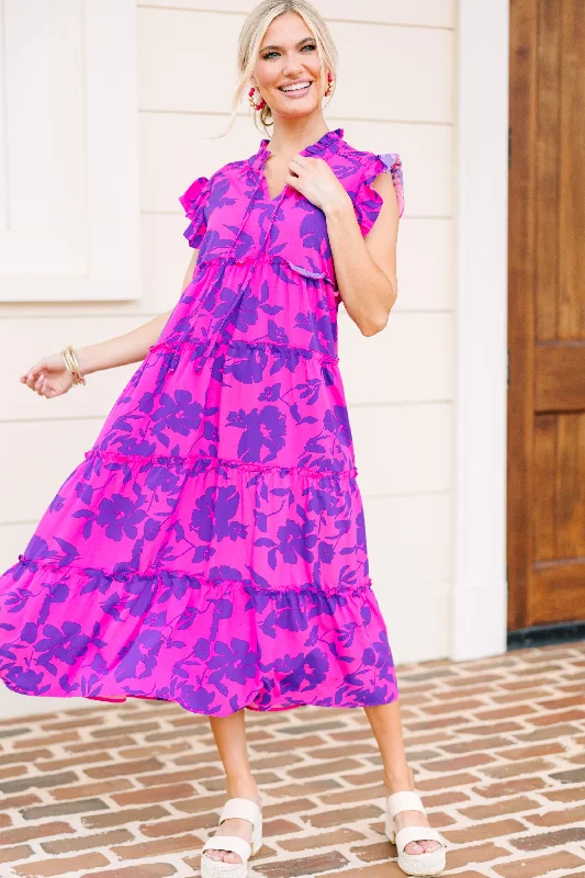 Women's floral dress playful -Show You Off Magenta Purple Floral Midi Dress