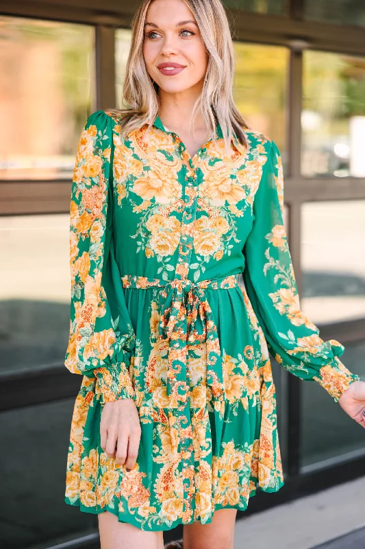 Women's floral dress rose print -Just Take A Look Green Floral Dress