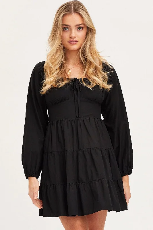 Women's flare dress online -Black Fit And Flare Dress Long Sleeve Square Neck