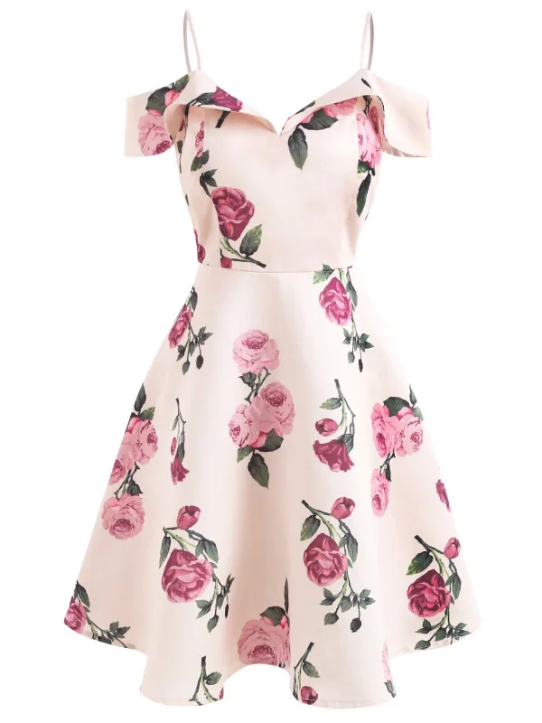 Women's floral dress glitter -Pink 1950s Floral Spaghetti Strap Dress