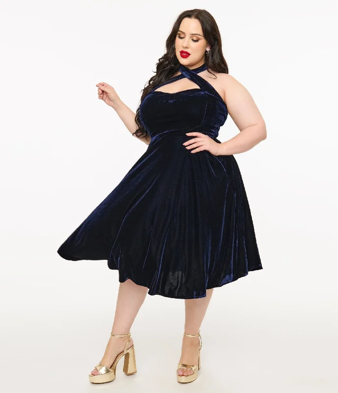 Women's flare dress eye-catching -Unique Vintage Plus Size 1950s Navy Velvet Criss Cross Halter Rita Flare Dress