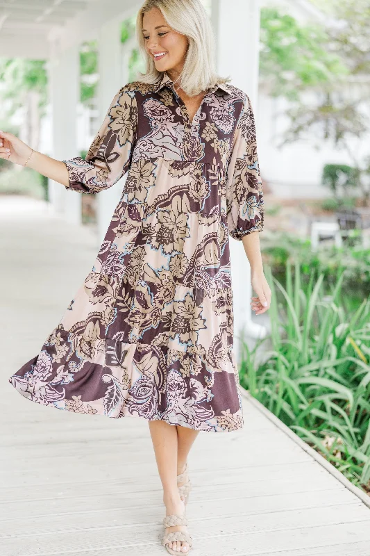 Women's floral dress mesh -Here For The Day Brown Floral Midi Dress