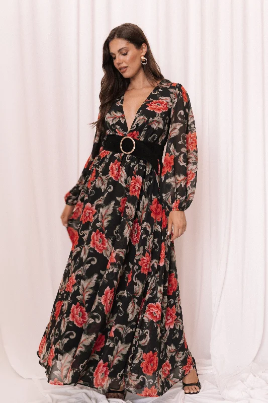 ladies-maxi-dress-berry-flow-Anisa Maxi Dress - Black Floral