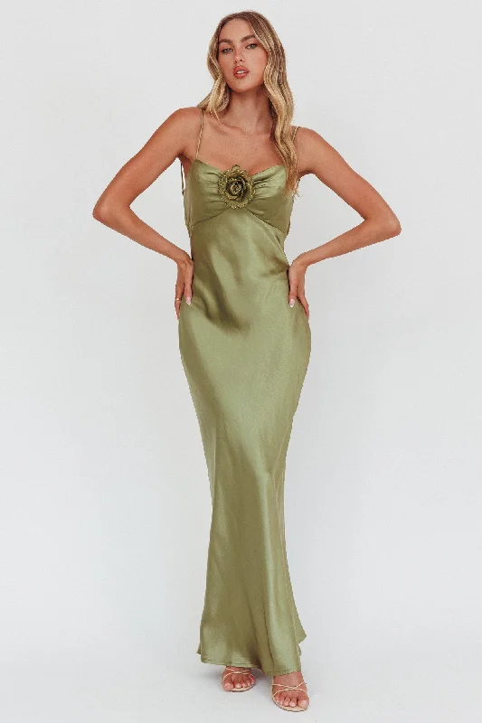 ladies-maxi-dress-travel-flow-High Roller Cowl Back Rosette Maxi Dress Olive