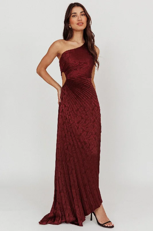 ladies-maxi-dress-off-shoulder-charm-Amelie One-Shoulder Accordion Pleat Maxi Dress Merlot