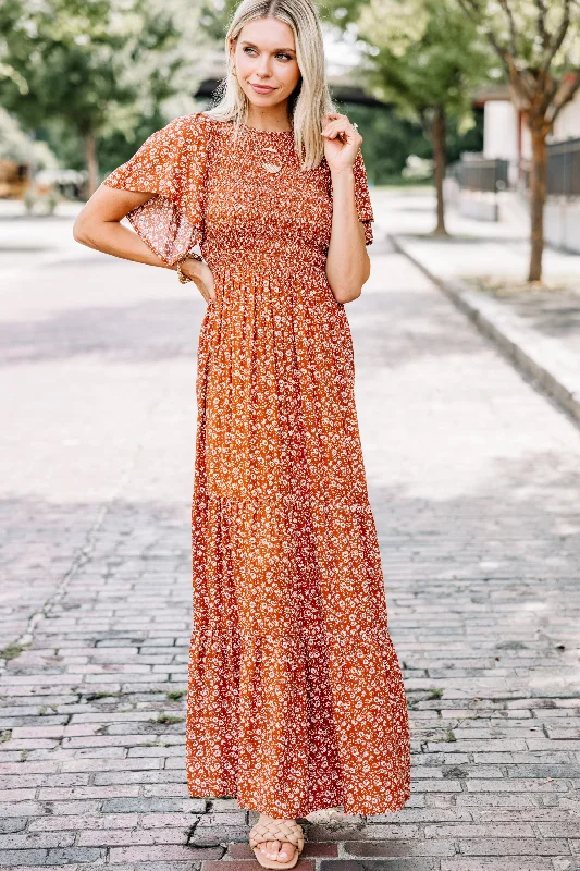 Women's floral dress loose fit -Take A Guess Rust Orange Ditsy Floral Maxi Dress