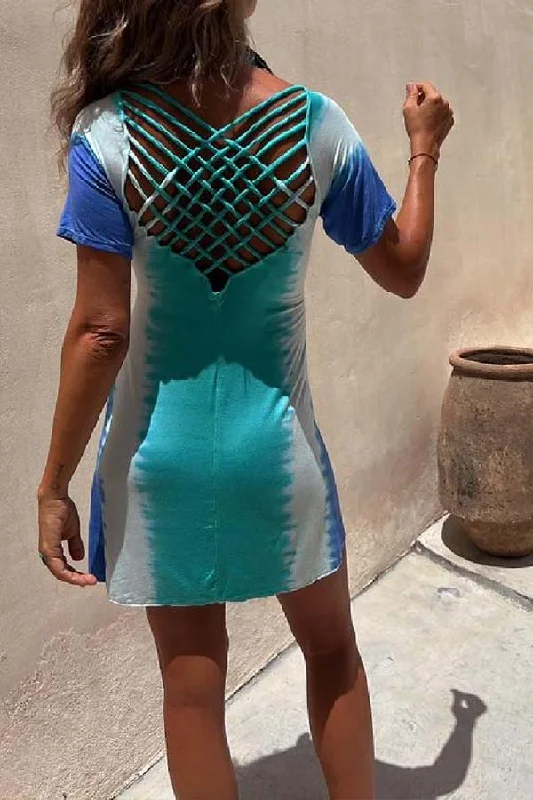 ladies-mini-dress-tie-dye-trend-Akiri Tie-dye Print Back Grid Lace-up Stretch Mini Dress