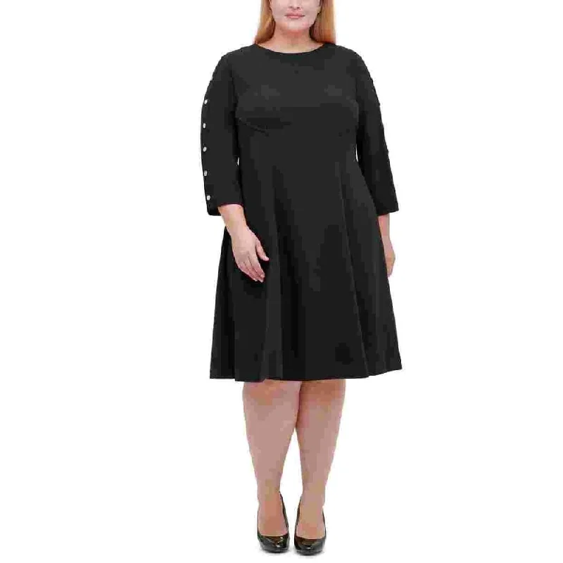 Women's flare dress travel -Tommy Hilfiger Women's Embellished Zippered Long Sleeve Jewel Neck Knee Length Fit Flare Wear To Work Dress Black Size Small