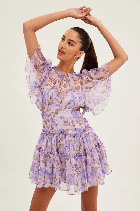 Women's flare dress floral -Blue Floral Fit And Flare Dress Short Sleeve Backless