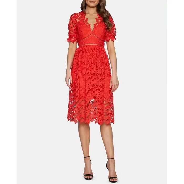 Women's flare dress futuristic -Bardot Women's Lace Fit & Flare Midi Dress Red Size Medium