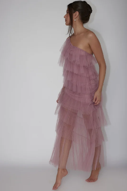 ladies-maxi-dress-floor-length-Arrabel Tiered Ruffle Tulle Maxi Dress Plum