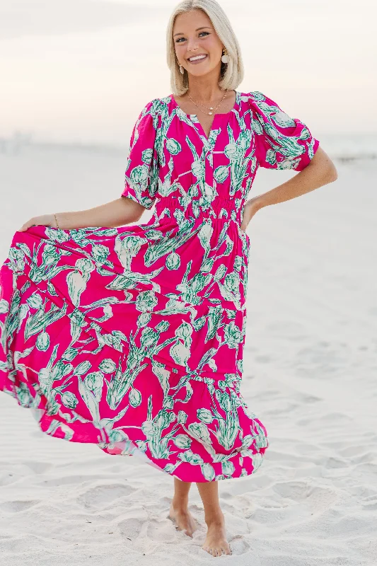 Women's floral dress color block -All You Hot Pink Floral Midi Dress